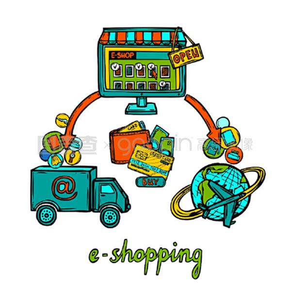 网上购物电子商务网上购物业务交付系统涂鸦设计概念矢量插图